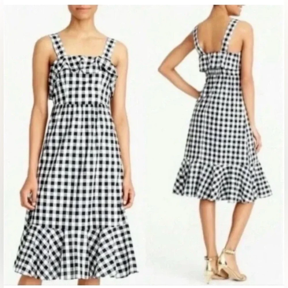 J. Crew Black and White Gingham Ruffle Midi Dress Size 4
